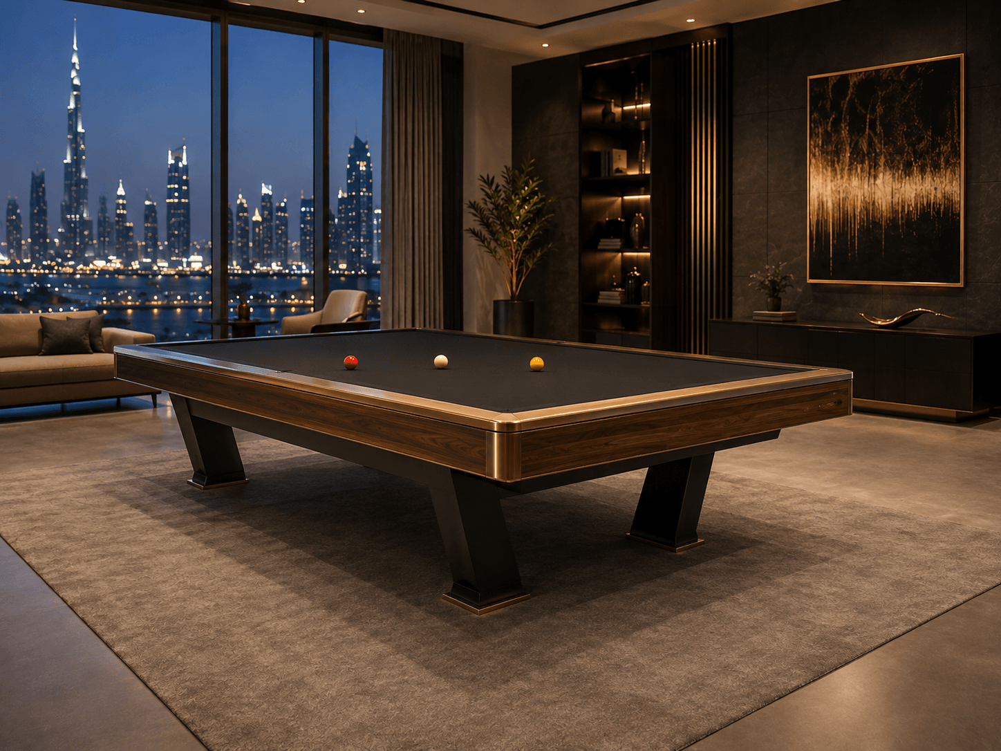 a luxury entertainment space with a sleek, dark wooden pool table