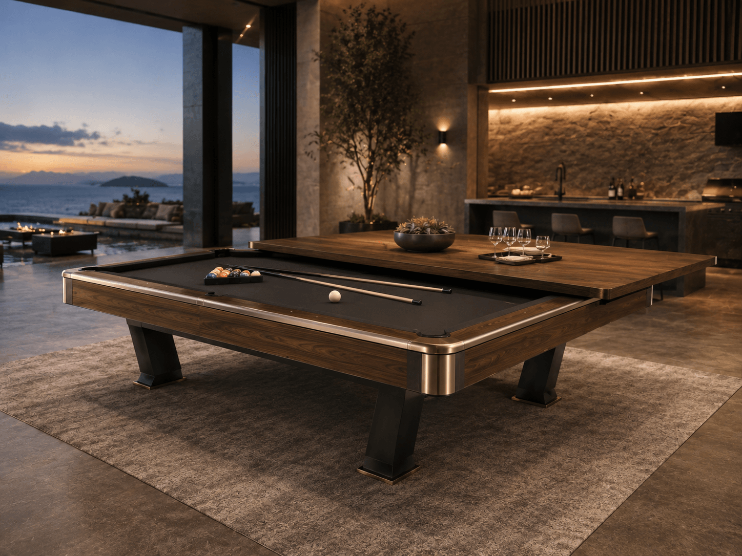 rustic-modern pool table with dark felt natural wood frame