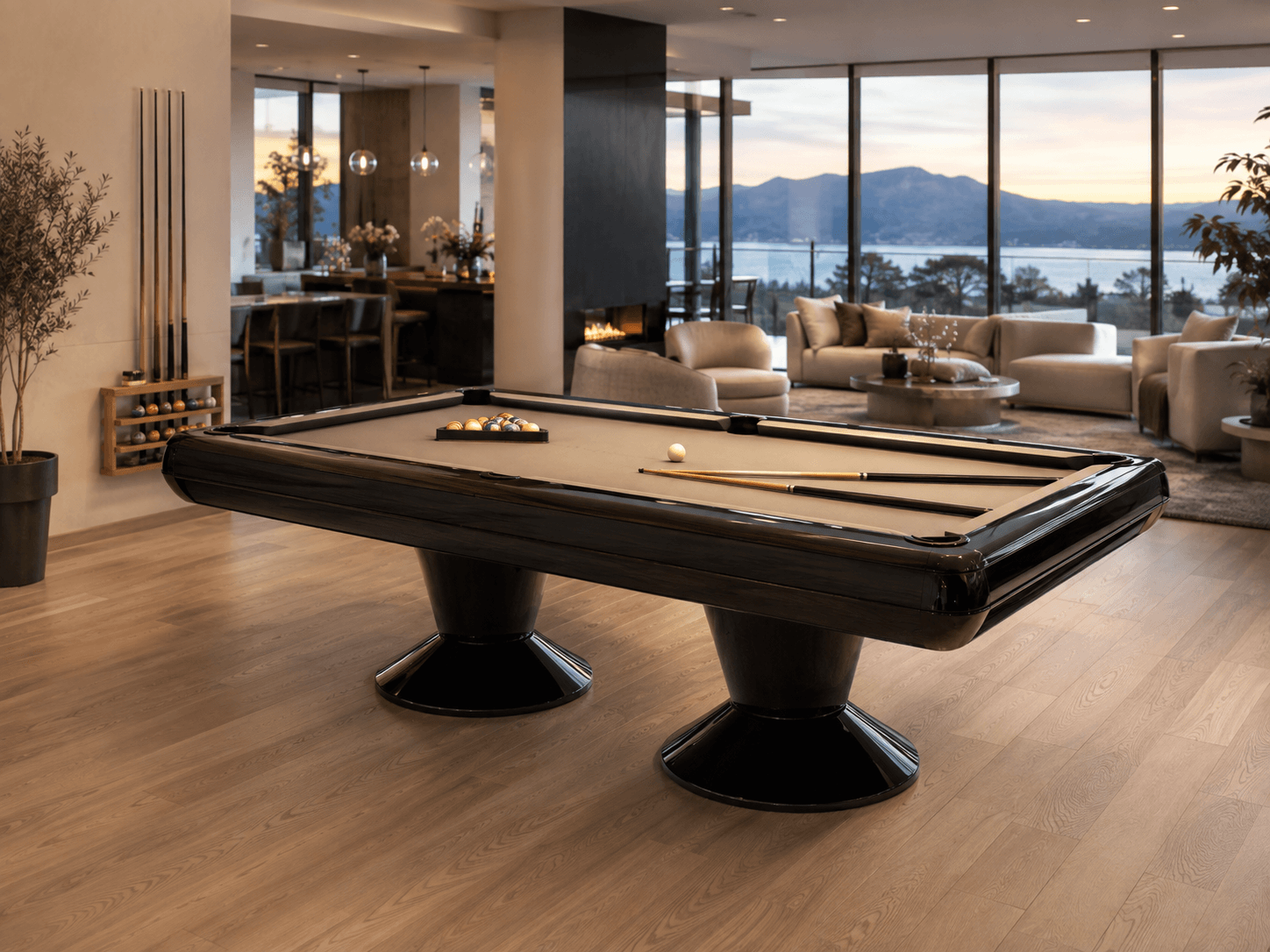 futuristic pool table with light grey felt and smooth pedestal-style black legs